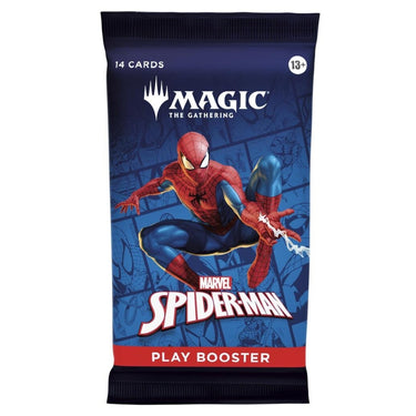 Magic the Gathering Spider-Man Play Booster card from Wizards of the Coast, featuring Spider-Man themed artwork in a TCG booster pack