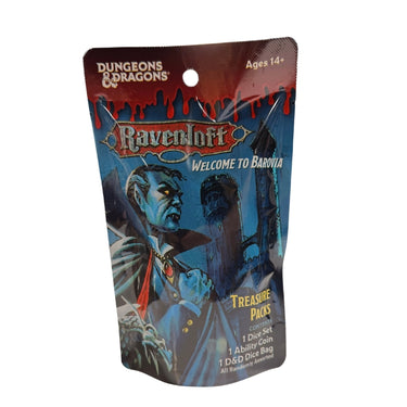 Sirius Dice Dungeons & Dragons Ravenloft Welcome to Baravia treasure pack featuring a set of themed fantasy dice on a TCG-style background.