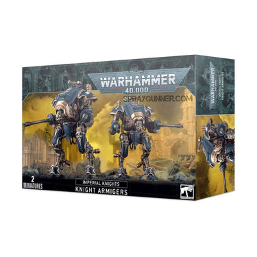 Warhammer 40k Imperial Knights Knight Armigers tabletop gaming miniature by Games Workshop, featuring detailed armor and weaponry.