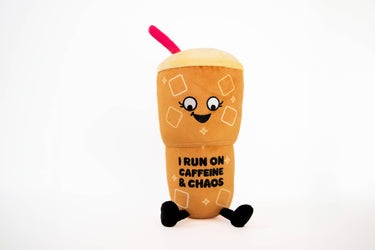 Punchkins Iced Coffee I Run On Caffeine plush toy featuring a cute iced coffee cup with a smiling face and colorful straw.