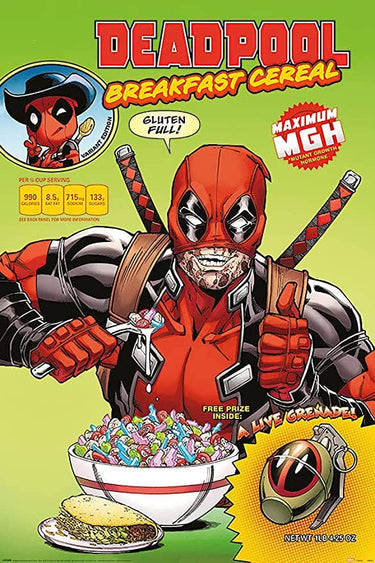 Deadpool cereal poster, 24x36 rolled print featuring comic character art, ideal for fans of Marvel and Deadpool collectibles.
