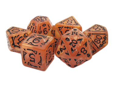 Old School Dice Rune Dice All Hallows Eve orange and black RPG dice set with carved rune symbols for tabletop gaming.