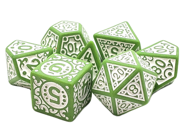 White RPG rune dice set with lime-colored ancient runes for tabletop gaming by Old School Dice.