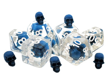 Blue skull RPG dice set with white numbers from Old School Dice, featuring a striking skull design and various dice types.