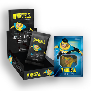 Keepsake Edition Invincible Season 1 trading card booster pack with box and graphic card design.