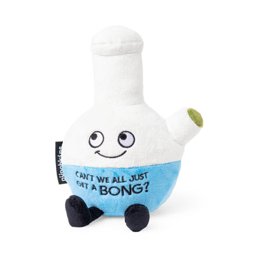 Soft plush toy of a "Can't We All Just Get A Bong" slogan, featuring colorful embroidered text on a plush fabric from Punchkins.