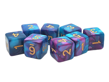 Old School Dice D6 8-piece Vorpal dice set in lilac, light blue, and gold, featuring detailed numeral designs and a vibrant finish.