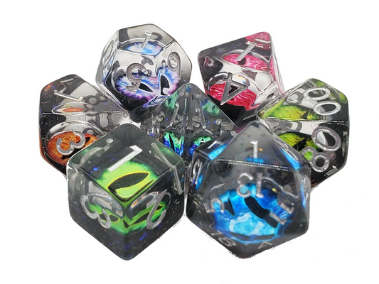 Old School 7 Piece DnD RPG Dice Set Infused Dragon Eye Spectral - State of Comics