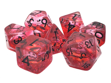 Red dragon eye-themed RPG dice set from Old School Dice, featuring detailed six-sided dice for tabletop gaming.