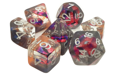 Old School Dice RPG dice set with dragon eye and skeletal design, featuring multi-colored polyhedral dice for tabletop gaming.