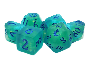 Old School 7 Piece DnD RPG Dice Set Frosted Firefly Cyan w/ Blue - State of Comics