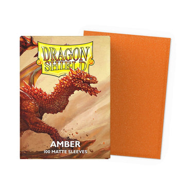 Box of 100 Arcane Tinmen Dragon Shield Standard Amber Matte Sleeves for card protection, featuring a matte amber finish.