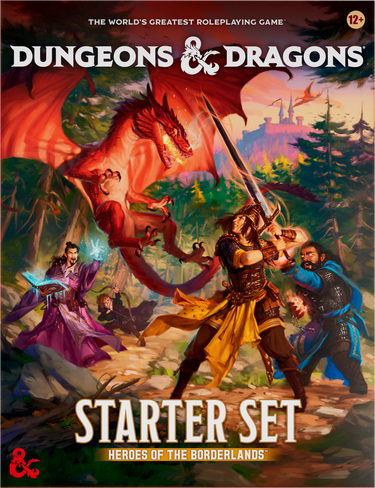D&D Starter Set Heroes of the Borderlands tabletop gaming box with colorful cover art featuring adventurers and fantasy scenery.