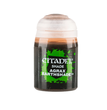 Games Workshop Citadel Shade Agrax Earthshade tabletop gaming paint applied to miniature figures for shading and weathering effects.