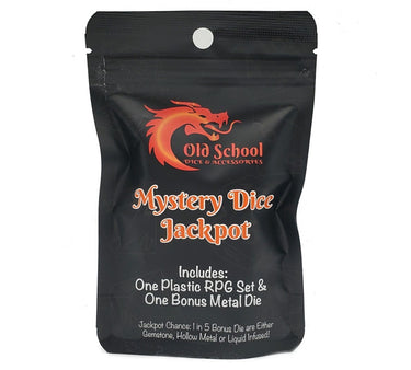 Old School Dice Mystery Jackpot 7-piece acrylic or resin dice set with a bonus metal die, featuring vibrant colors and intricate designs.