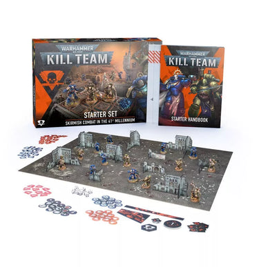Warhammer 40k Kill Team Starter Set tabletop gaming miniatures and accessories from Games Workshop on a gaming table.