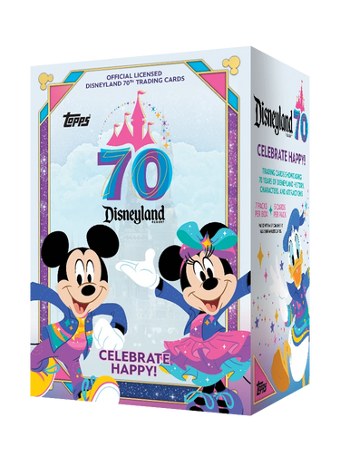2025 TOPPS Disneyland 70th Anniversary trading cards blaster box with colorful packaging and Disney-themed artwork.