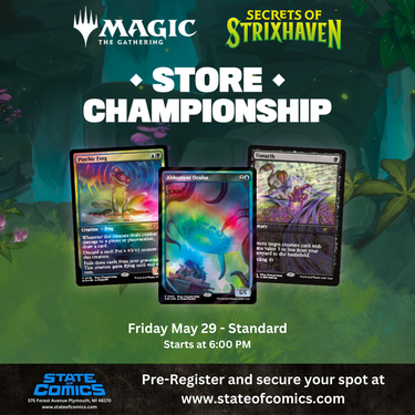 Wizards of the Coast Magic: The Gathering Store Championship Secrets of Strixhaven tickets showing event details and branding.
