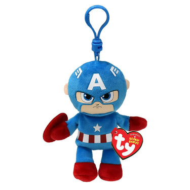 Ty Marvel Captain America plush clip featuring a soft, 4-inch Captain America character with a floppy design and detailed costume.