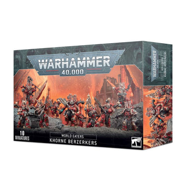 Warhammer 40k World Eaters Khorne Berserkers tabletop gaming miniatures, featuring detailed chaos space marines with bloodthirsty armor.