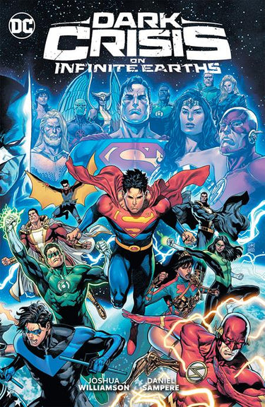 Dark Crisis On Infinite Earths graphic novel by DC Comics, featuring cover art with heroes and villains in a dramatic comic book style.