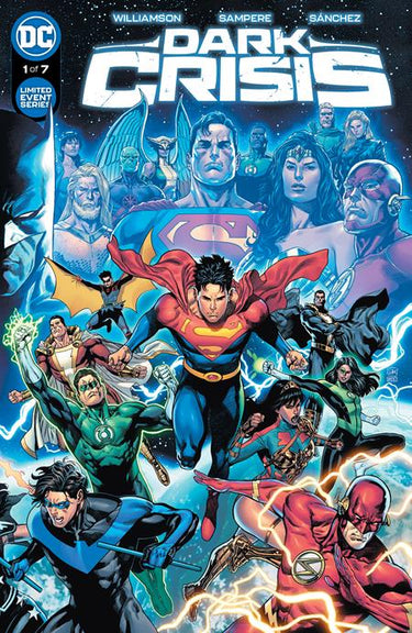 Dark Crisis #1 comic book, DC Comics, cover A by Daniel Sampere featuring a wraparound superhero illustration.
