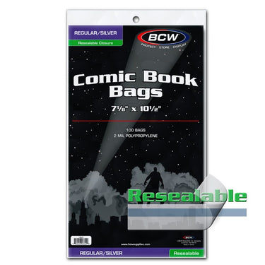 Silver resealable comic bag by BCW, made of durable plastic, designed to protect and store comic books safely.