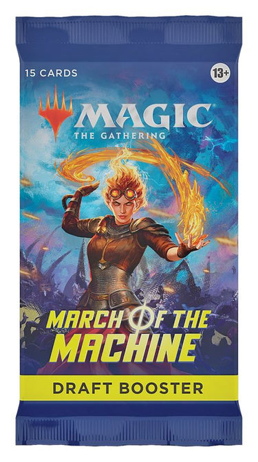 Magic: The Gathering March of the Machine draft booster pack by Wizards of the Coast, featuring colorful card artwork and packaging.