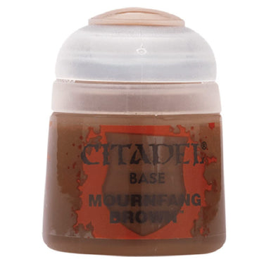Games Workshop Citadel Base Paint Mournfang Brown for tabletop gaming, showing a bottle of brown paint with label visible.