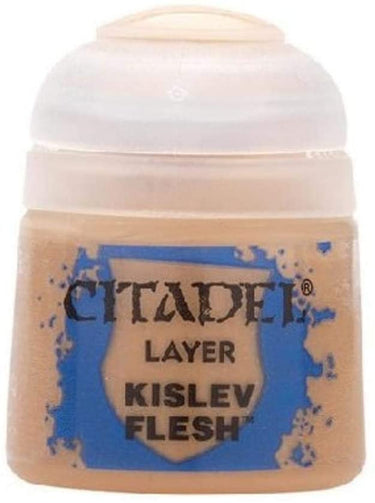 Games Workshop Citadel Layer Paint Kislev Flesh for tabletop gaming, featuring a small jar of flesh-toned paint with label visible.