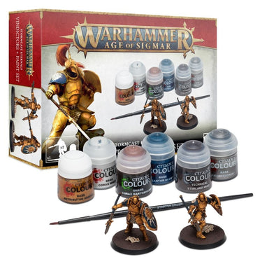 Warhammer Age of Sigmar Stormcast Eternals paint set by Games Workshop with various paint pots for tabletop gaming models