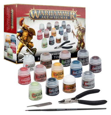 Warhammer Age of Sigmar paint and tools set for tabletop gaming by Games Workshop, featuring paints, brushes, and modeling tools.