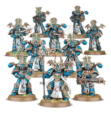 Warhammer 40k Thousand Sons Rubric Marines tabletop gaming miniatures, painted with detailed armor and weapons, by Games Workshop