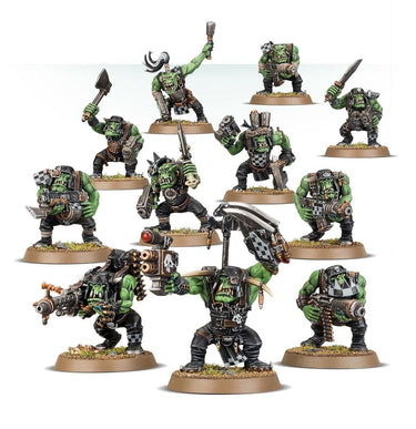 Warhammer 40k Orks Boyz tabletop gaming miniatures by Games Workshop, featuring green-skinned orc warriors with weapons and armor.