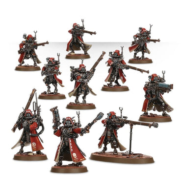 Adeptus Mechanicus Skitarii Rangers tabletop gaming miniatures by Games Workshop, featuring soldiers in red and metallic armor with advanced weaponry.