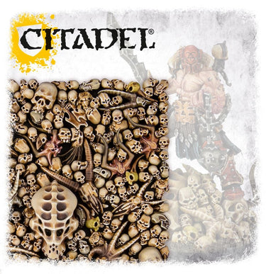 Close-up of Citadel Skulls for tabletop gaming by Games Workshop, featuring detailed resin skulls for miniatures and dioramas.