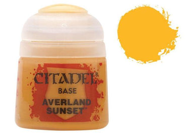 A bottle of Citadel Base Paint Averland Sunset from Games Workshop for tabletop gaming, with the paint bottle and label visible.