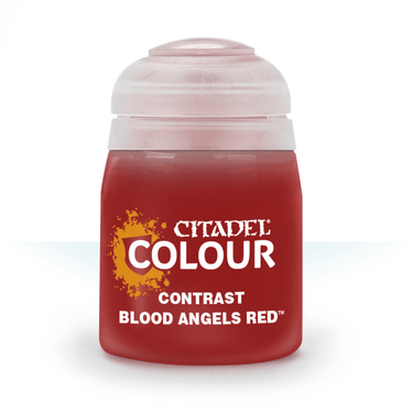 Games Workshop Citadel Contrast Blood Angels Red paint for tabletop gaming miniatures, showing the vibrant red paint in a bottle.