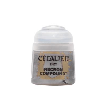Dry Citadel Necron Compound paint for tabletop gaming by Games Workshop, shown in a small jar with dark green pigment.