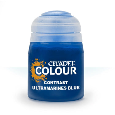 Ultramarines Blue Citadel Contrast Paint for tabletop gaming by Games Workshop, showing a bottle of blue paint with label.