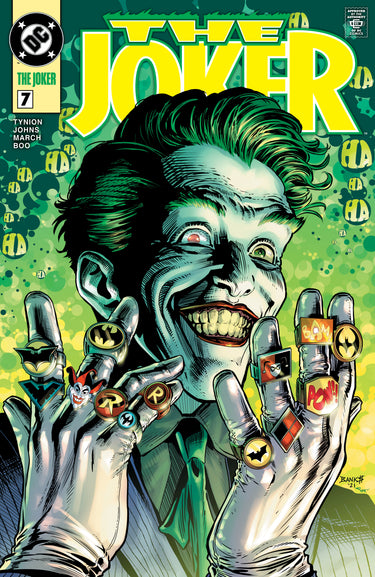 Close-up of DC Comics Joker #7 comic book with Darryl Banks Homage Exclusive Cover featuring the Joker's face.