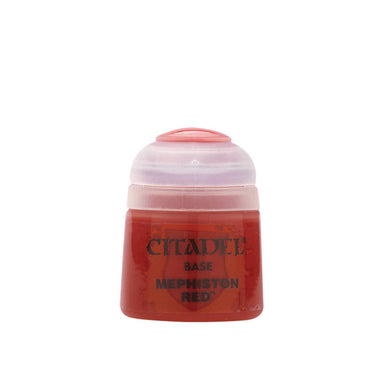 Games Workshop Citadel Base Paint Mephiston Red for tabletop gaming, showing a vibrant red paint container.