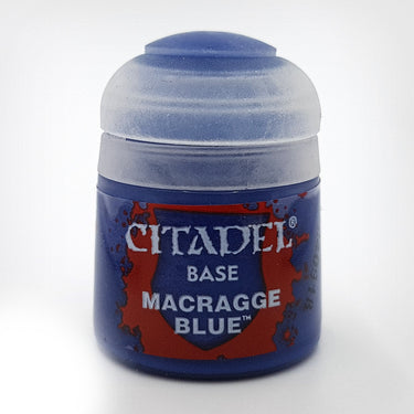 Games Workshop Citadel Base Paint in Macragge Blue for tabletop gaming miniatures, shown in a small bottle with blue paint.