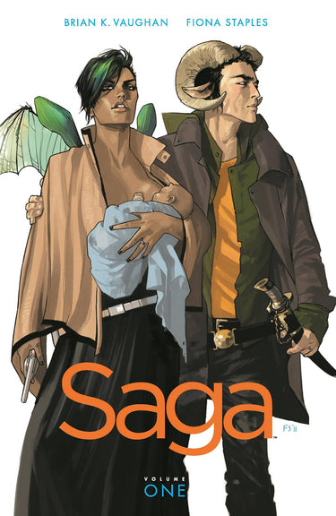 Saga Volume 01 graphic novel by Image Comics, featuring vibrant cover art with space-themed characters and detailed illustrations.