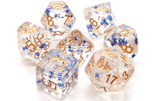 Old School 7 Piece DnD RPG Dice Set Infused Blue Star with Gold - State of Comics