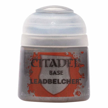 Games Workshop Citadel Base Paint Leadbelcher for tabletop gaming, shows metallic gray paint bottle with label.