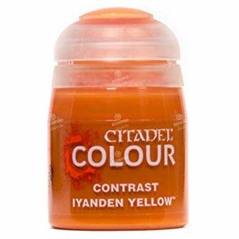 Games Workshop Citadel Contrast Paint Iyanden Yellow for tabletop gaming miniatures, showing the bright yellow paint bottle with label.