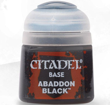 Abaddon Black Citadel Base Paint for tabletop gaming by Games Workshop, shown in a 12ml bottle with black paint inside.