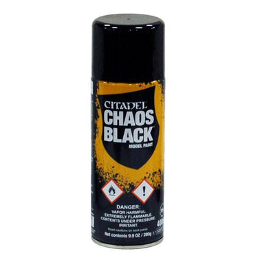 Games Workshop Citadel Colour Spray Paint Chaos Black for tabletop gaming, shown in a can with black spray paint.