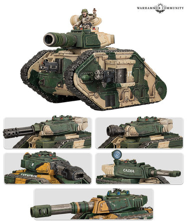 Warhammer 40k Astra Militarum Leman Russ Battle Tank tabletop gaming model by Games Workshop on a display table.